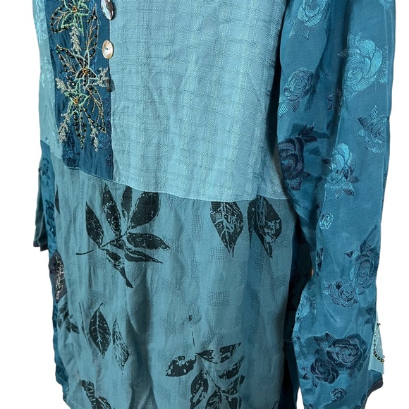 FAITH CELIA FORRESTER Teal Blue Embroidered Lagenlook Art to Wear Top Shirt sz M - Picture 9 of 16